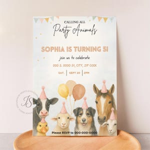 May include: A party invitation with the text "Calling All Party Animals" and "Sophia is turning 5!" features watercolor illustrations of farm animals wearing party hats and holding balloons. The invitation includes RSVP information.