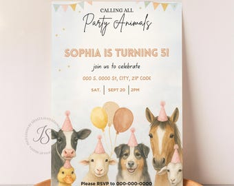 Farm Animal Birthday Invitation: Barnyard Party Template |Canva Invitation Template |Calling All Party Animals Invite (5x7 Digital Download)