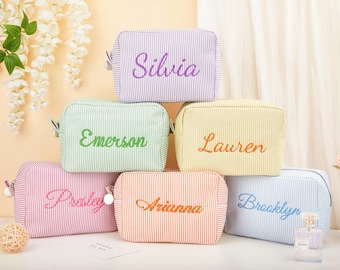 Trousse de maquillage personnalisée en seersucker, trousse de toilette de voyage personnalisée, cadeau pour ma copine