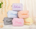 Personalized Seersucker Makeup Bag with Custom Embroidered Name, Wedding Party Gift for Bridesmaids, Women's Travel Cosmetic Case