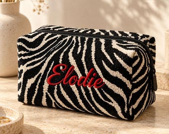 Personalized Embroidered Zebra Print Makeup Bag, Custom Zebra Travel Toiletry Bag, Animal Print Makeup Pouch, Bachelorette Party Gift