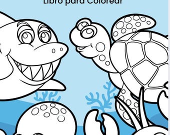 Könnte beinhalten: Ein Malbuchcover mit dem Titel "Bajo el Mar" und "Libro para Colorear" in schwarzem Text auf hellblauem Hintergrund. Das Cover zeigt Cartoon-Illustrationen eines Hais, einer Schildkröte, eines Oktopus und einer Krabbe, alle in Schwarzweiß.