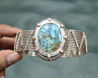 Brazalete tibetano de turquesa, brazalete con alambre, plata de ley 925