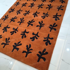 Modern Hand Tufted Rug  Burnt Orange Area Rug with Black Leaf Pattern Minimalist Geometric Carpet for Living Room Bedroom Office 9×12, 10×14