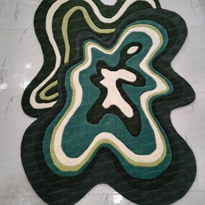 Green Abstract Wavy Rug Irregular Modern Carpet for Living Room & Bedroom kids,office boho rugs Trendy 3D Area Rug  Unique Handmade Art Rug