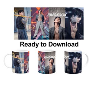 May include: White ceramic mug featuring a collage of images of a person in various poses, with the text "JUNGKOOK" and "Ready to Download". The mug has a white handle and interior, with the images wrapping around the exterior.