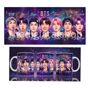 May include: A set of three white ceramic mugs featuring illustrations of the K-pop group BTS. Each mug displays different members with their names, set against a purple and starry background. The top image is a poster.
