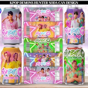 Pode incluir: Latas de refrigerante com designs coloridos que apresentam o texto "Sain Boys Soda Pop Can" e imagens de pessoas. As latas têm uma variedade de cores, incluindo rosa, amarelo, verde e roxo.