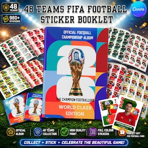 以下が含まれることがあります： 48チームのFIFAサッカーシールブック。公式チャンピオンシップアルバムには、金色のトロフィーのグラフィック、カラフルな幾何学模様、および「48 TEAMS」「980+ STICKERS」「THE CHAMPION FOOTBALLERS」「WORLD CLASS EDITION」というテキストが記載されています。