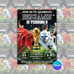 Pode incluir: Um convite de aniversário com os jogadores de futebol Ronaldo e Messi, um troféu dourado e o texto "Junte-se a nós para celebrar o 8º aniversário de Benjamin." Inclui data, hora e local.