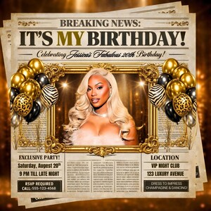 May include: A birthday party invitation designed to look like a vintage newspaper. The headline reads "IT'S MY BIRTHDAY!" with the name "Jessica" and the age "20th" featured. The invitation includes details for an exclusive party, date, time, location, and RSVP information.