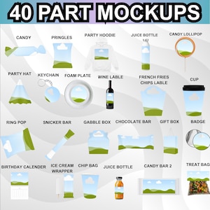 May include: A graphic showcasing 40 different product mockups, including a party hoodie, juice bottle, candy lollipop, candy, Pringles, party hat, keychain, foam plate, wine label, French fries chips label, and a cup. The image also includes a ring pop, Snicker bar, gable box, chocolate bar, gift box, badge, birthday calendar, ice cream wrapper, chip bag, juice bottle, candy bar, and a treat bag.