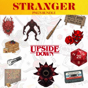 Puede incluir: Un conjunto de pegatinas PNG con elementos de la serie Stranger Things. Incluye el texto "STRANGER PNG'S BUNDLE", el logo "Upside Down", un Demogorgon, un bate con clavos, gofres, una linterna y una cinta de cassette.
