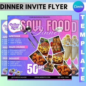 May include: A promotional flyer for a Soul Food Dinner, featuring a gradient pink and purple background. The design includes images of various dishes, text, and a 50% off promotion. The flyer also includes the text "Dinner Invite Flyer".