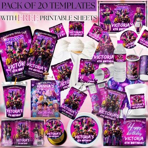 May include: A digital collection of 20 K-pop themed birthday party templates featuring purple and pink graphics, star motifs, and text reading Victoria's 4th Birthday. Includes printable sheets for invitations, water bottle labels, and party decor.