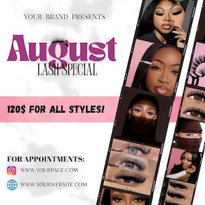 Lash Special Deal Flyer, Back To School Hair Flyer, Hair Braids Lash Wig Flyer, August Bookings Flyer, Lash Tech Flyer, DIY Canva Template