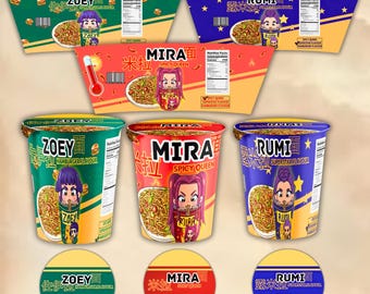 Kpop Demon Hunters Cup Nudeletikett | Huntrix Ramyeon Utskrivbart Paket | Rumi Mira Zoey Festdekorationer | Cosplay Kpop Fest | Halloween Utskrivbar