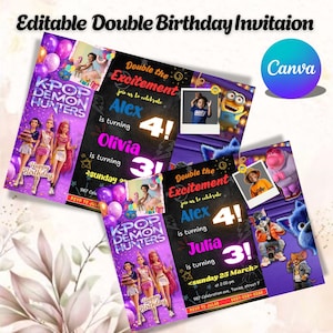 May include: Double birthday invitation featuring a purple and black design with the text "K-POP DEMON HUNTERS". The invitation includes photos and the text "Double the Excitement" with names and ages. The Canva logo is visible.