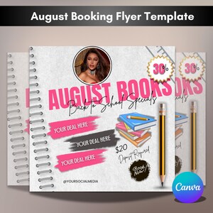 August Booking Flyer, August books available now, Hair Nails, Lashes, Makeup Business, Promotion flyer, Canva Editable