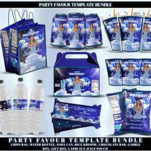 Paquete de plantillas de obsequios para fiesta de cumpleaños, etiquetas de agua personalizadas editables de Canva azul, bolsa de papas fritas, envoltorio, barra de chocolate, obsequio para fiesta de cumpleaños de niña.