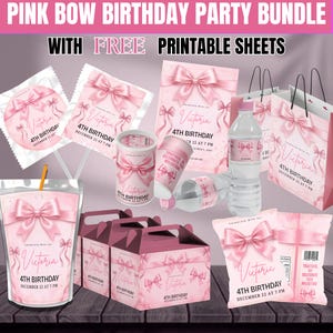 May include: A pink bow birthday party bundle featuring printable sheets, gift bags, water bottle labels, chip bags, and favor boxes. Each item displays the name Victoria, 4th birthday, and December 22 at 7 PM in a soft pink color scheme.