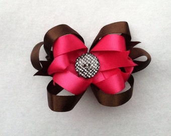 Pink chocolate hair bow with sparkly button center
