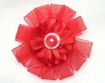 Red ribbons stacked flower with button center hair clip