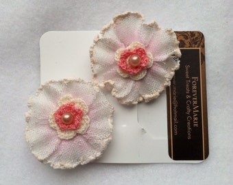Linen and crochet flowers with pearl center