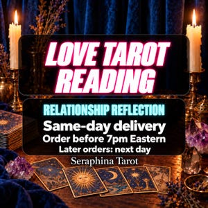 May include: A tarot card reading display featuring the text LOVE TAROT READING and RELATIONSHIP REFLECTION. The scene includes lit candles, amethyst crystals, and a deck of cards with sun, moon, and star illustrations on a wooden surface.