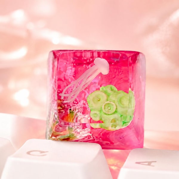 Vibrant Pink Green Sea Life Keycap, Unique Resin Art Keyboard Decor, Kawaii Jellyfish Coral Gaming Keycap Gift