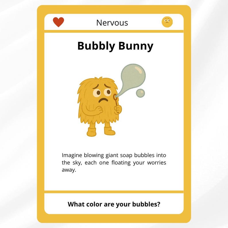 May include: A yellow card with a cartoon illustration of a nervous, yellow, furry creature blowing a bubble. The card reads "Nervous" and "Bubbly Bunny". The text on the card reads "Imagine blowing giant soap bubbles..."