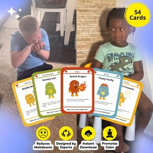 May include: A set of 54 cards designed to help children manage emotions. Each card features a colorful cartoon character representing a different feeling, such as "Angry Gentle Dragon" and "Bored Flashy Firefly". The cards are designed by experts and promote calm.