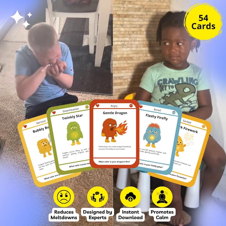 May include: A set of 54 cards designed to help children manage emotions. Each card features a colorful cartoon character representing a different feeling, such as "Angry Gentle Dragon" and "Bored Flashy Firefly". The cards are designed by experts and promote calm.