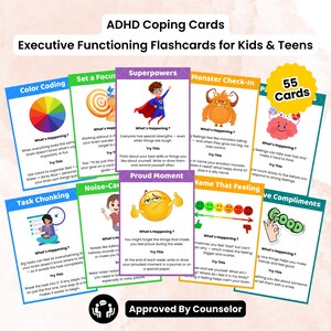 Può includere: Schede di coping ADHD per bambini e adolescenti. Flashcard con titoli come "Color Coding", "Superpowers" e "Monster Check-in". Le schede presentano illustrazioni colorate e testo, con un'etichetta "55 Cards".