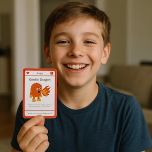 May include: A red and white card with the text "Angry" and "Gentle Dragon". The card features an illustration of an orange dragon breathing fire. The text "Proceed youusee anyaggs, theaching aat prundangnity theo cutane" and "What color is your diages's fine" is also on the card.