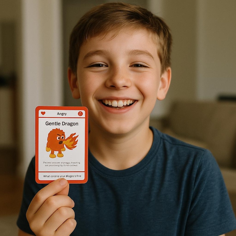 May include: A red and white card with the text "Angry" and "Gentle Dragon". The card features an illustration of an orange dragon breathing fire. The text "Proceed youusee anyaggs, theaching aat prundangnity theo cutane" and "What color is your diages's fine" is also on the card.