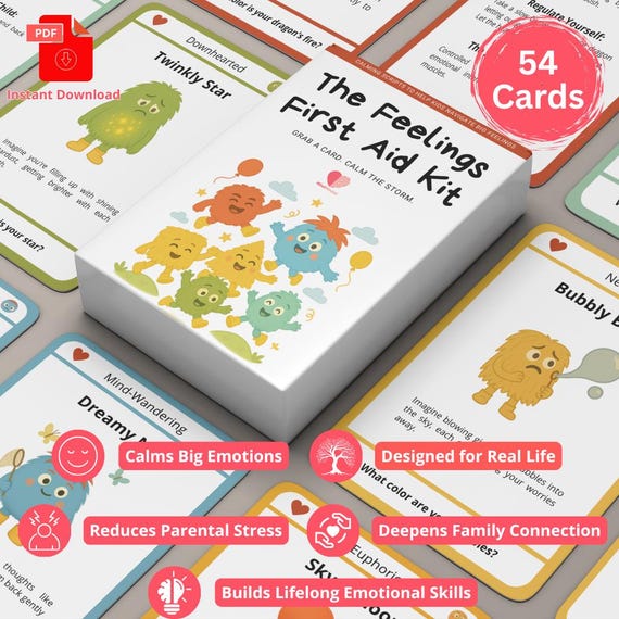 The Feelings First Aid Kit, Kids Feelings Cards, Emotional Regulation Tool for Children, Calm Down Activities, Therapy Cards