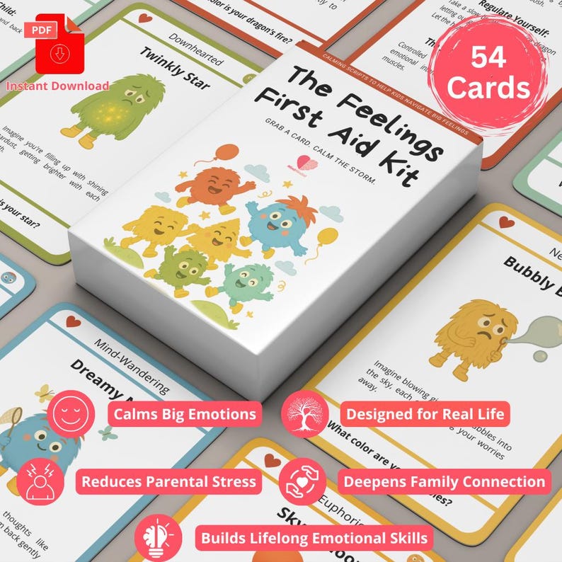 May include: A deck of "The Feelings First Aid Kit" cards with colorful illustrations and text. The box and cards feature cartoon characters and phrases like "Calms Big Emotions" and "Builds Lifelong Emotional Skills". The deck contains 54 cards.