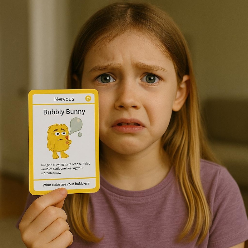 May include: A young person with a worried expression holds a yellow card labeled "Nervous" with "Bubbly Bunny" text and a cartoon character. The card also includes the text "What color are your bubbles?"