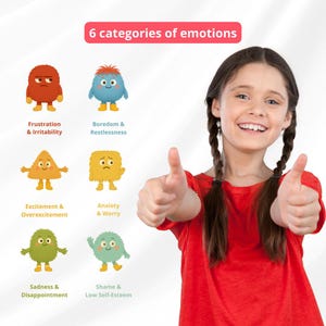 May include: Image showing six categories of emotions with cartoon monster illustrations. The categories include frustration, boredom, excitement, anxiety, sadness, and shame. A young girl in a red shirt smiles and gives a thumbs up.