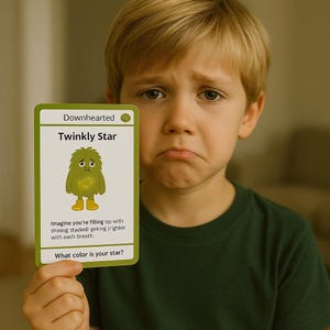 May include: A card with the words "Downhearted" and "Twinkly Star" is held in front of a child. The card features a green cartoon star with a sad expression. The text on the card reads, "Imagine you're filling up with shining..." and "What color is your star?"