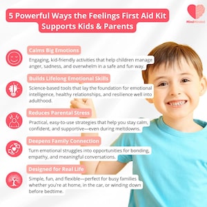 May include: An infographic titled "5 Powerful Ways the Feelings First Aid Kit Supports Kids & Parents" with a smiling child. The infographic highlights ways to manage emotions, build skills, reduce stress, deepen family connection, and is designed for real life.