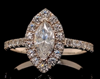 14k Solid White Moissanite Ring, 1 CT Marquise Cut Engagement Ring, Half Eternity Cathedral Band, Handmade Pavé Setting Diamond Halo Ring