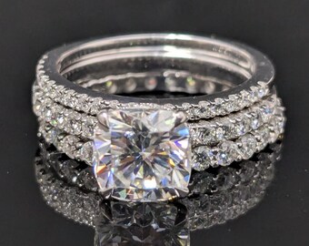 Moissanite Trio Set Wedding 1.70 Ct Cushion Cut Women's Ring, Solid 14k White Gold Diamond Eternity Wedding Band