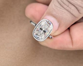 4 CT Elongated Cushion Moissanite Engagement Ring, Bezel Set Solitaire Ring, 14K Gold Modern Wedding Ring, Cushion Cut Bridal Statement Ring