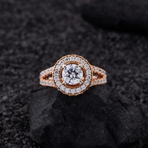 Moissanite Halo Engagement Ring: 14K Rose Gold Split Shank Wedding Ring