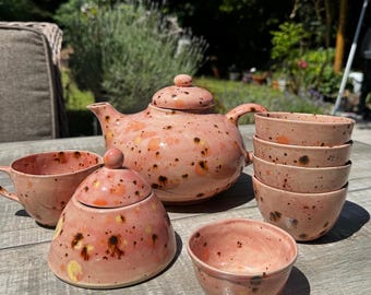 Servicio de té artesanal de arcilla refractaria, 8 piezas, color rosa amarillo marrón