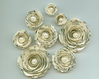 Music Note Rose Pearl Spiral Paper Flowers for Weddings, Bouquets, Events and Crafts