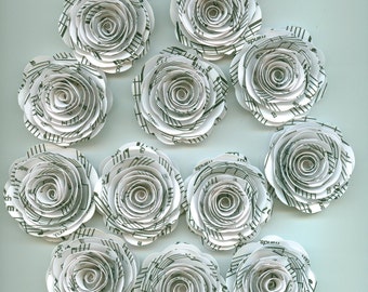 White Music Sheet Handmade Large Rose Paper Flowers, 2 inch size, Paper Flowers, Pure White, Music, Dozen Roses