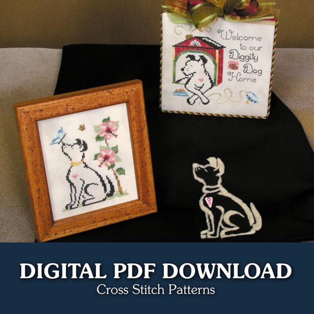 Puppy Cross Stitch & Punch Needle Charts | Dog House, Flowers (PDF ...